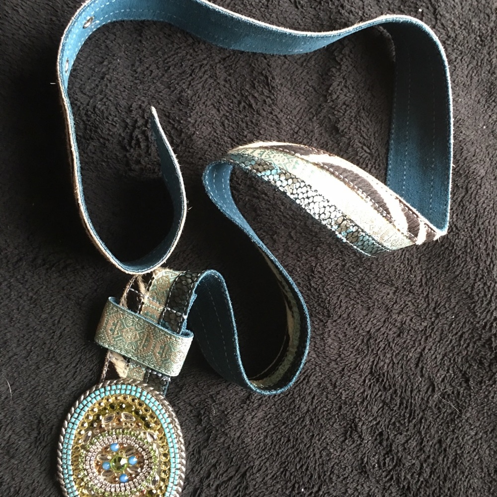 Rhinestone Blue Buckle Leather Belt